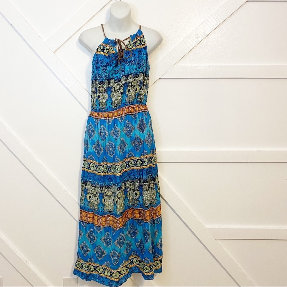 NEW Raga Floral Boho Printed Braided Tie Maxi Length Dress Multicolor Blue Sz S